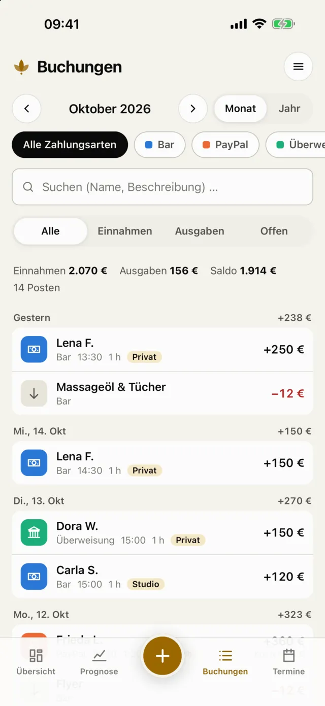 Buchungsliste mit Einnahmen und Ausgaben